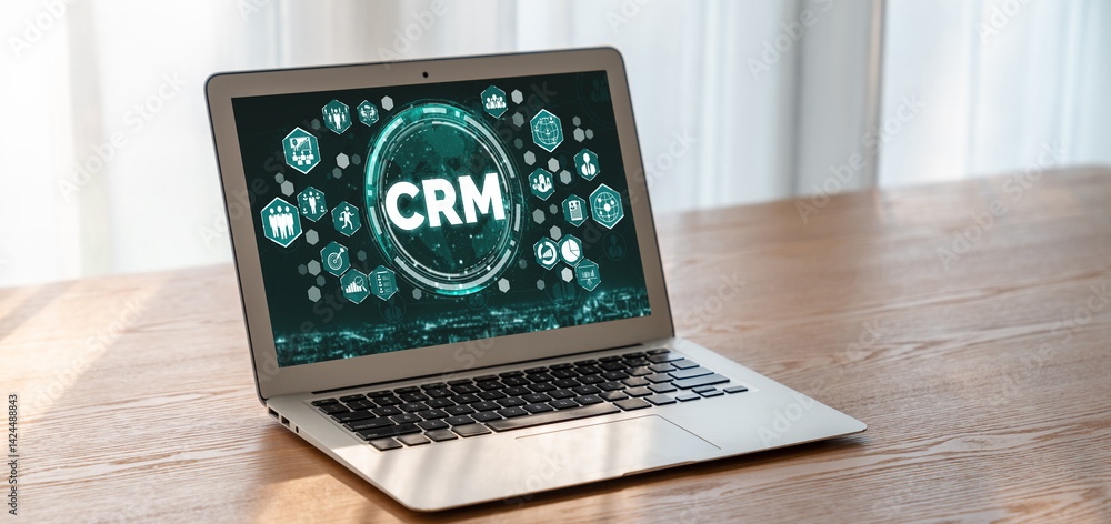 Poster customer relationship management system on modish computer for crm business and enterprise