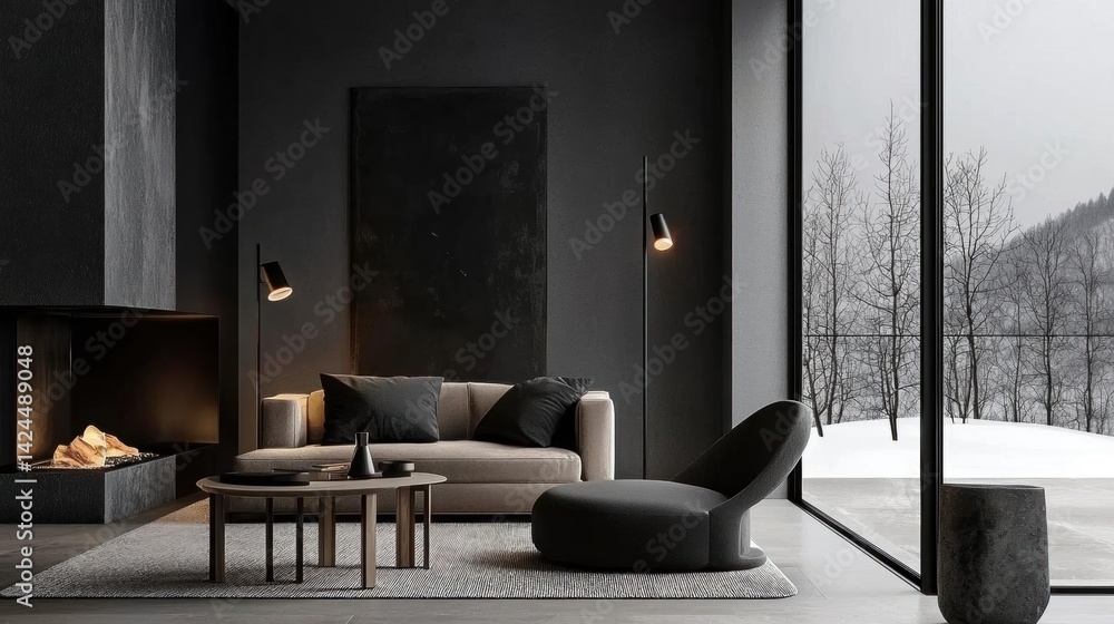 Poster modern living room with a large window on the right side. the window offers a beautiful view of a sn
