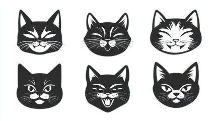 Obraz premium Six playful cat faces, monochrome, graphic design, white background, pet illustrations