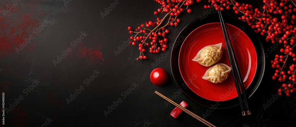 Poster flat lay of a red plate with two dumplings on it, accompanied by a pair of black chopsticks. the pla