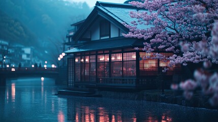 Obraz premium Scenic riverside view: Traditional house with cherry blossoms in a tranquil setting.