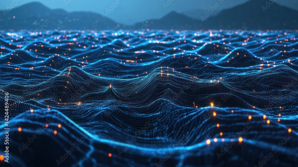 Poster digital ocean: abstract waves of data and light