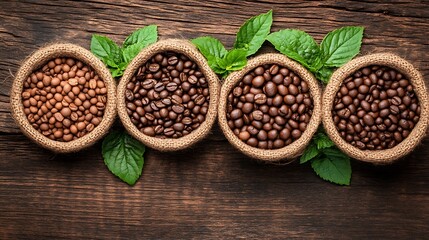 Fototapeta premium Four burlap sacks of roasted coffee beans