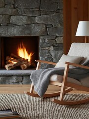Cozy living room with a fireplace. the fireplace is made of stone and has a fire burning inside. the fire is burning brightly and there are wooden logs visible in the fireplace.