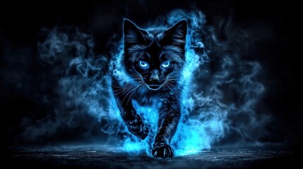 Fiery black cat walking, dark background, fantasy art, for wallpapers