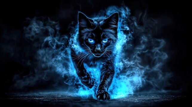 Fiery black cat walking, dark background, fantasy art, for wallpapers