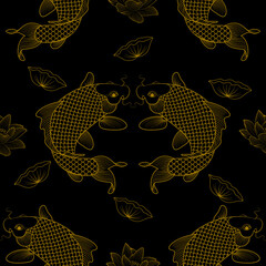 Luxurious golden carp and lotus pattern, line drawing on black background.