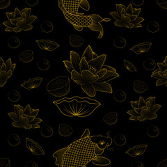 Luxurious golden carp and lotus pattern, line drawing on black background.