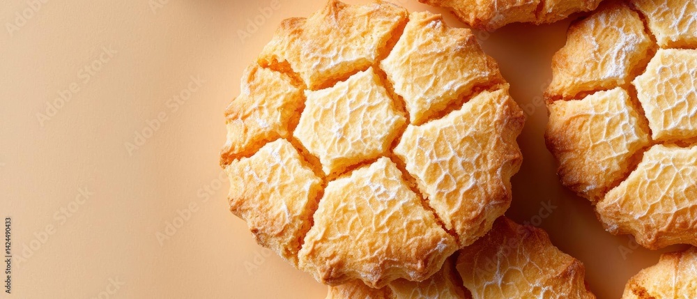 Poster close-up of a group of freshly baked pastries. the pastries are golden brown in color and have a cri