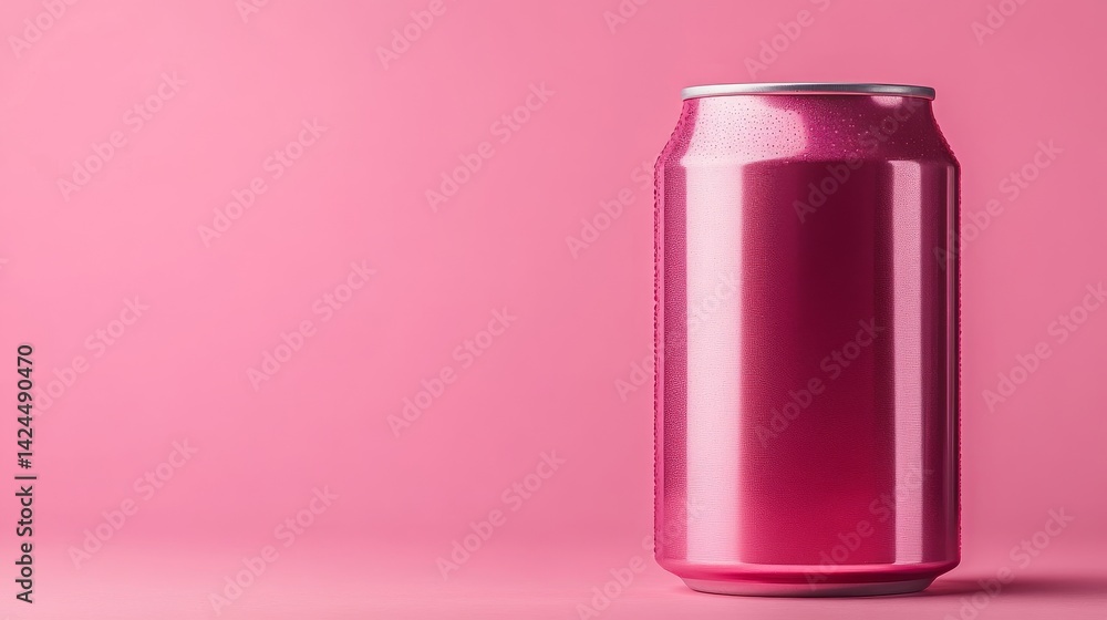 Poster a can containing a pink smoothie and topped with a fruit garnish is depicted on a background that is