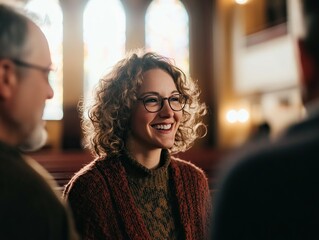 Smiling woman with curly hair and glasses talks with others inside a church with stained glass windows.