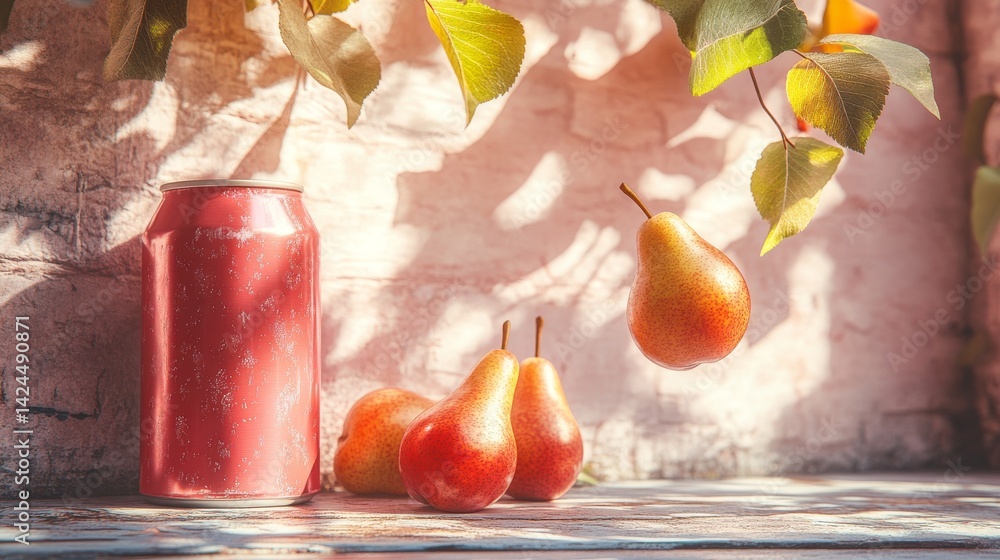 Poster the image is a minimalist studio shot of a pear floating above a pink can