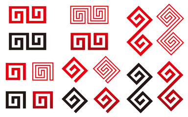 豊作の象徴、魔除け、ラーメンの鉢の模様、幾何学模様、稲妻紋とも呼ばれる雷紋のイラスト素材セット