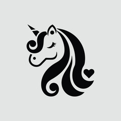 Cute Black Unicorn Head Silhouette with Heart