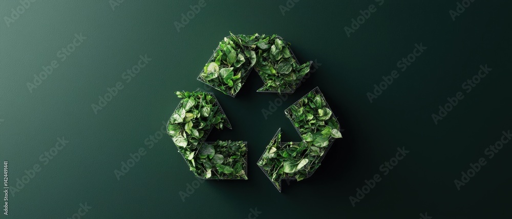 Poster 3d rendering of a green recycling symbol made up of small leaves. the leaves are arranged in a circu