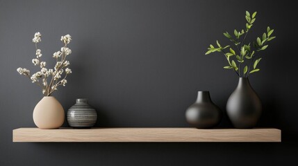 Wooden shelf against a dark grey wall. on the shelf, there are three vases of different sizes and shapes. the first vase on the left is a light beige color with small white flowers in it.