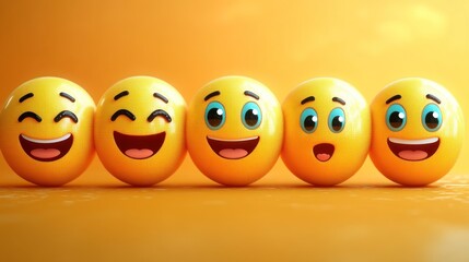 Five vividly crafted emojis display various joyful expressions and emotions together