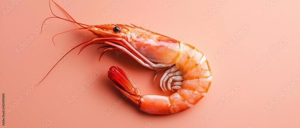 Poster close-up of a shrimp on a peach-colored background. the shrimp is in the center of the image, with i