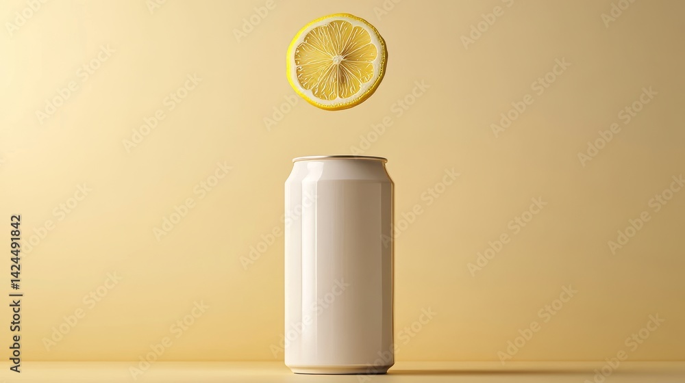 Poster the image features a floating lemon slice positioned above a white can on a pastel-colored backdrop