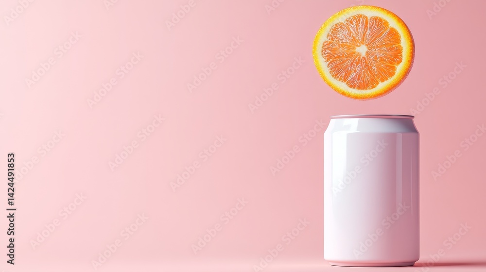 Poster orange slice floating over a blank can on a gentle pastel colored background’ changes to ‘suspended 