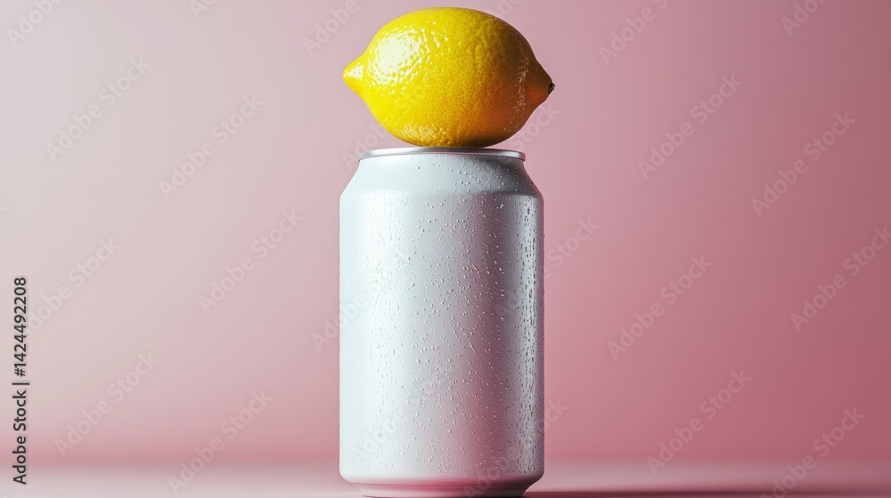 Poster on a delicate pastel background, a blank can is positioned below a floating lemon