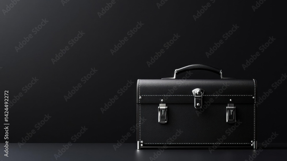Poster photograph of a black briefcase on a black background. the briefcase is rectangular in shape and has
