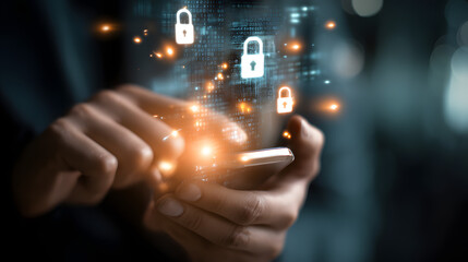 Close-up of a person using a smartphone with digital security icons, illustrating modern technology and cybersecurity.