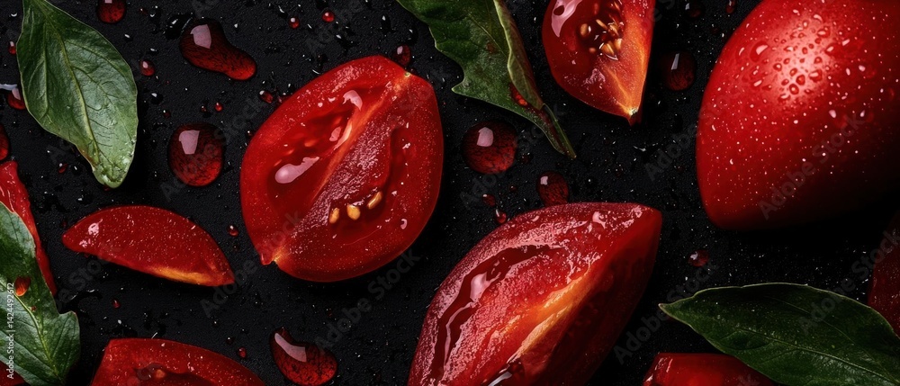 Poster close-up of a group of red tomatoes and basil leaves on a black background. the tomatoes are sliced 