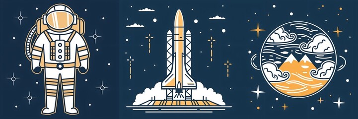 Set of three illustrations on the theme of space: astronaut, rocket, planet
