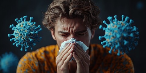 A person struggles with symptoms of illness while surrounded by virus particles