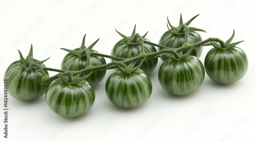 Poster tomatoes with multicolored stripes are arranged on their vine on a white background
