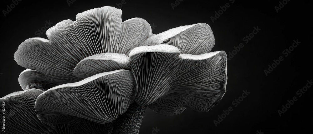 Poster black and white photograph of a group of mushrooms. the mushrooms are arranged in a cluster, with th