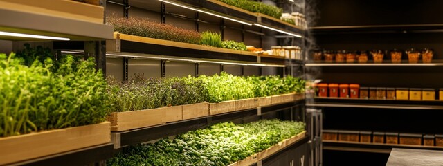 Vertical shelf garden with LED lights growing herbs and lettuce