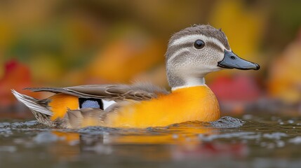 A vibrant drake glides effortlessly on calm waters surrounded by fallen autumn foliage
