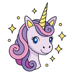 Adorable Cartoon Unicorn Head with Swirling Mane and Horn