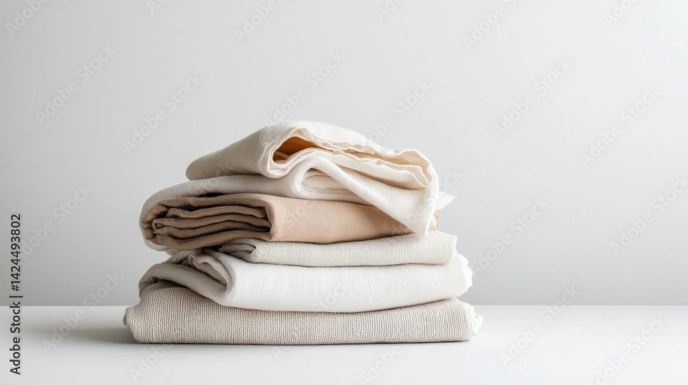 Poster stack of folded beige-colored clothes on a white surface. the clothes appear to be made of a soft, t