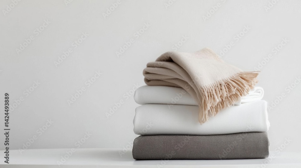 Poster stack of folded blankets on a white surface. the blankets are neatly folded and stacked on top of ea