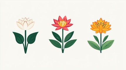 Three stylized flowers, white, red, orange, isolated on white background; design element