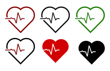 HEART, LOVE, heartbeat line collection, Heartbeat line. Pulse cardiogram Icons of heart beat. Ecg Electrocardiogram with healthy rhythm, cardio attack, ischemia, infarction. Symbol for cardiac