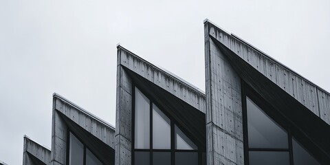 Architectural details: Concrete building with unique triangular rooflines against a muted, overcast sky.