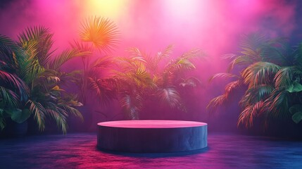 Obraz premium Neon lit product display mockup with tropical foliage