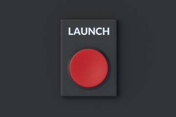 Launch word on red button on black background. Nuclear weapons. Start new business. Top view. 3d render