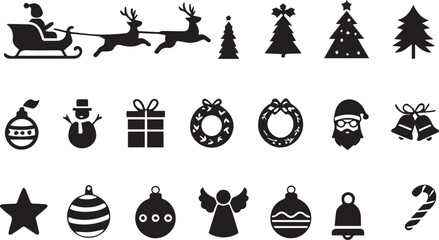 Collection of Christmas Silhouette Icons Featuring Traditional Holiday Symbols