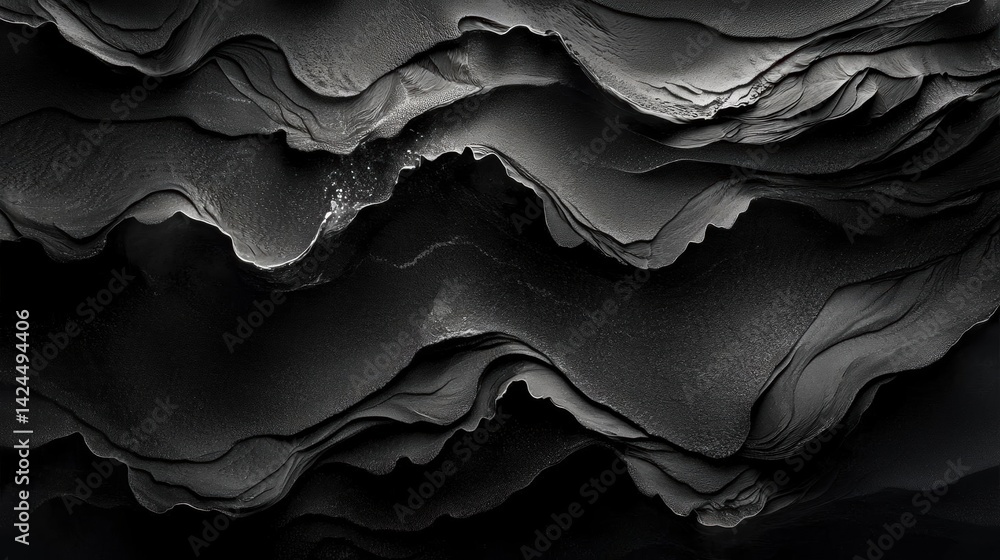 Poster black and white abstract digital art piece that appears to be a close-up of a wave-like pattern.