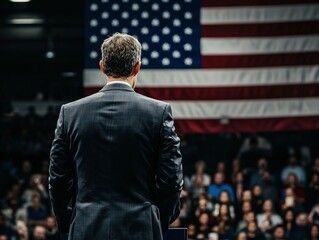 Speaker addressing a crowd with the American flag in the background. Engagement and national pride.