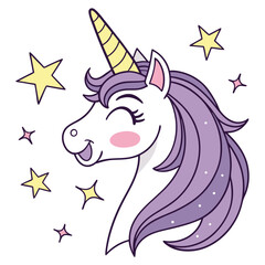 Cute Cartoon Unicorn Head with Purple Mane and Stars
