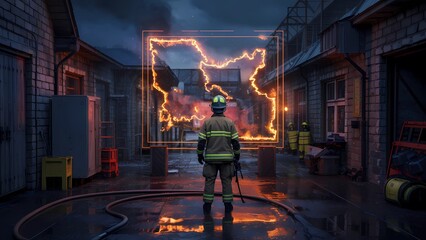 A firefighter in full gear stands in a dimly lit, wet alleyway, facing a large, intensely burning fire contained within a glowing rectangular frame.