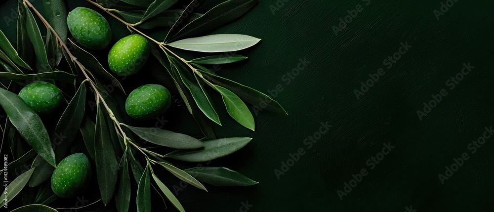 Poster flat lay of a branch of an olive tree with green leaves. the branch is made up of several green oliv