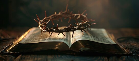 Crown of thorns and Holy Bible book on sunrise. Resurrection of Jesus, crucifixion. Good Friday. Faith and spirituality. Christian religion concept