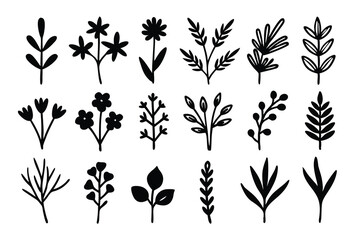 Assorted Black Flower Leaves Seamless Pattern on White Background